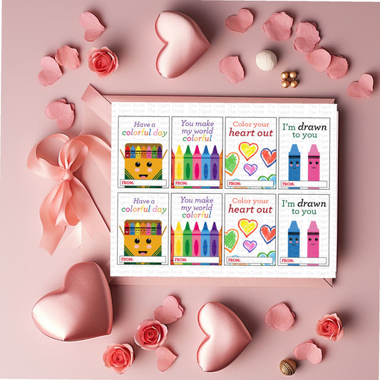 Digital download crayon-themed Valentine’s cards featuring vibrant designs and playful phrases, perfect for kids.