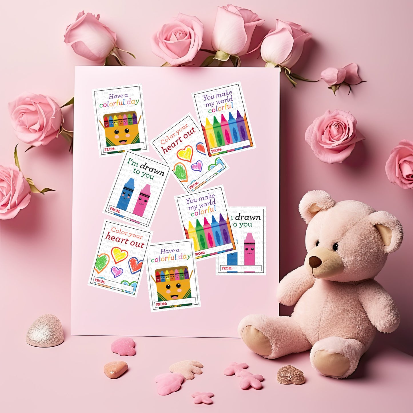 Digital download crayon-themed Valentine’s cards featuring vibrant designs and playful phrases, perfect for kids.