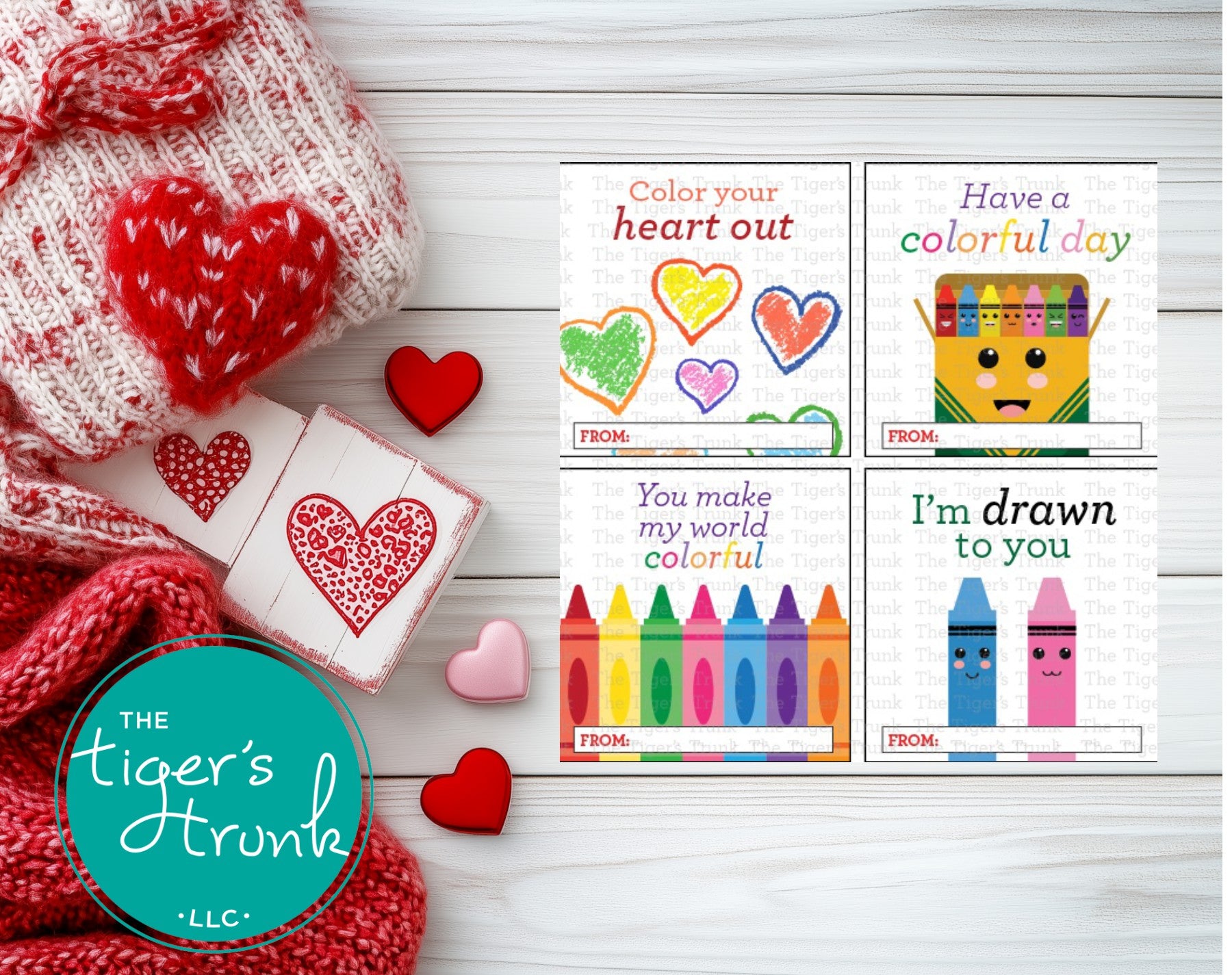 Digital download crayon-themed Valentine square tags featuring vibrant designs and playful phrases, perfect for kids.