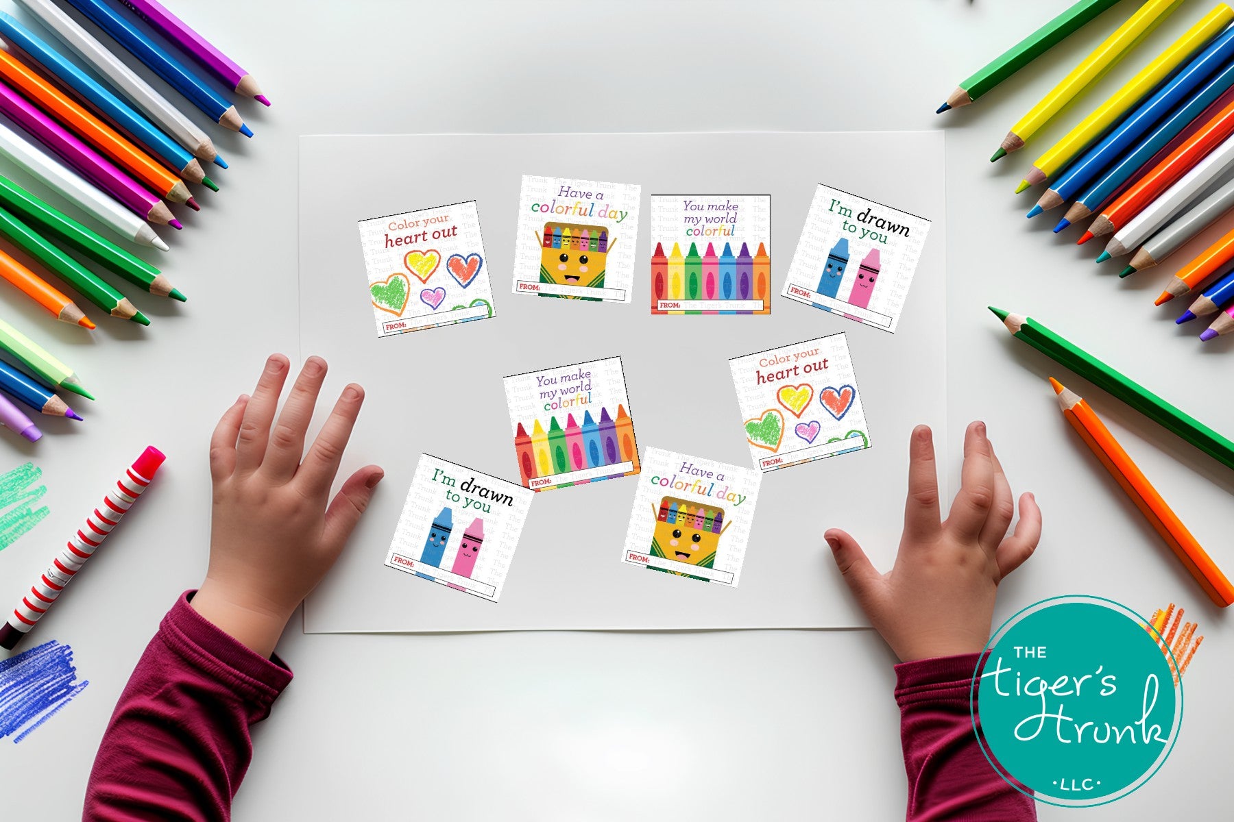 Digital download crayon-themed Valentine square tags featuring vibrant designs and playful phrases, perfect for kids.