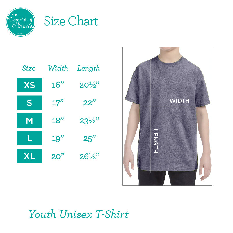 Size chart for youth unisex t-shirts with a person wearing a t-shirt and measurements.