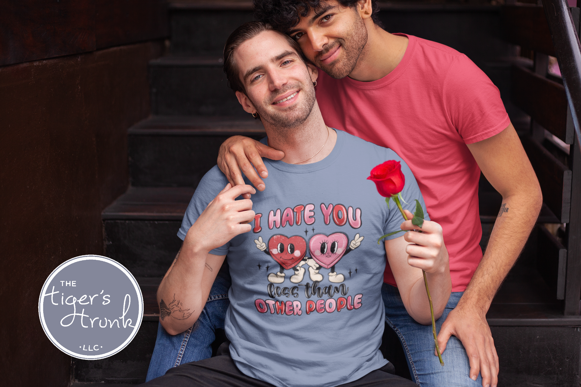 Funny Valentine’s Day shirt with the phrase "I Hate You Less Than Other People," perfect for sarcastic and humorous Valentine vibes.