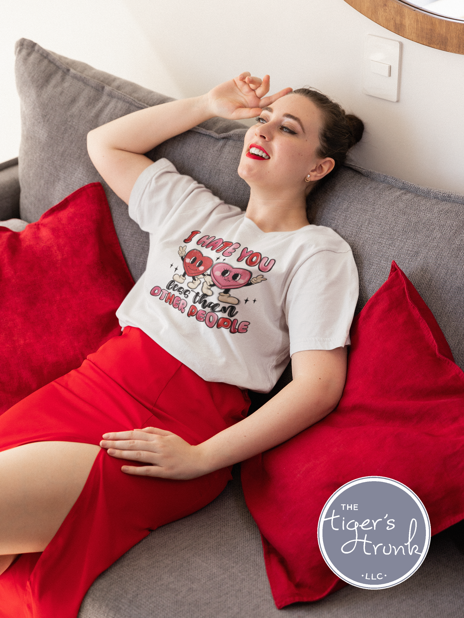 Funny Valentine’s Day shirt with the phrase "I Hate You Less Than Other People," perfect for sarcastic and humorous Valentine vibes.