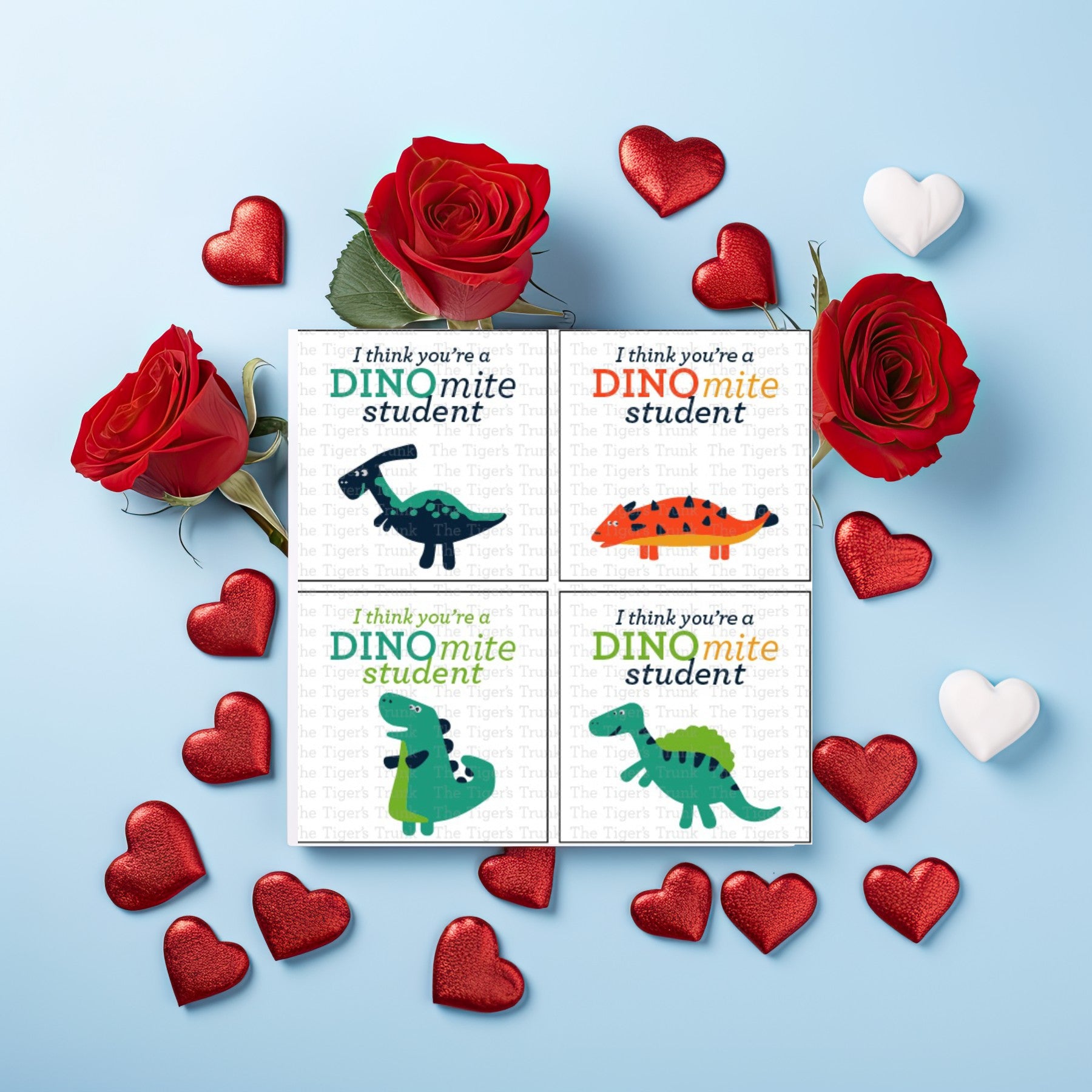 Printable Valentine tags with colorful dinosaur designs and the phrase "Valentine, I Think You’re DINOmite!" Perfect for kids, instant download.