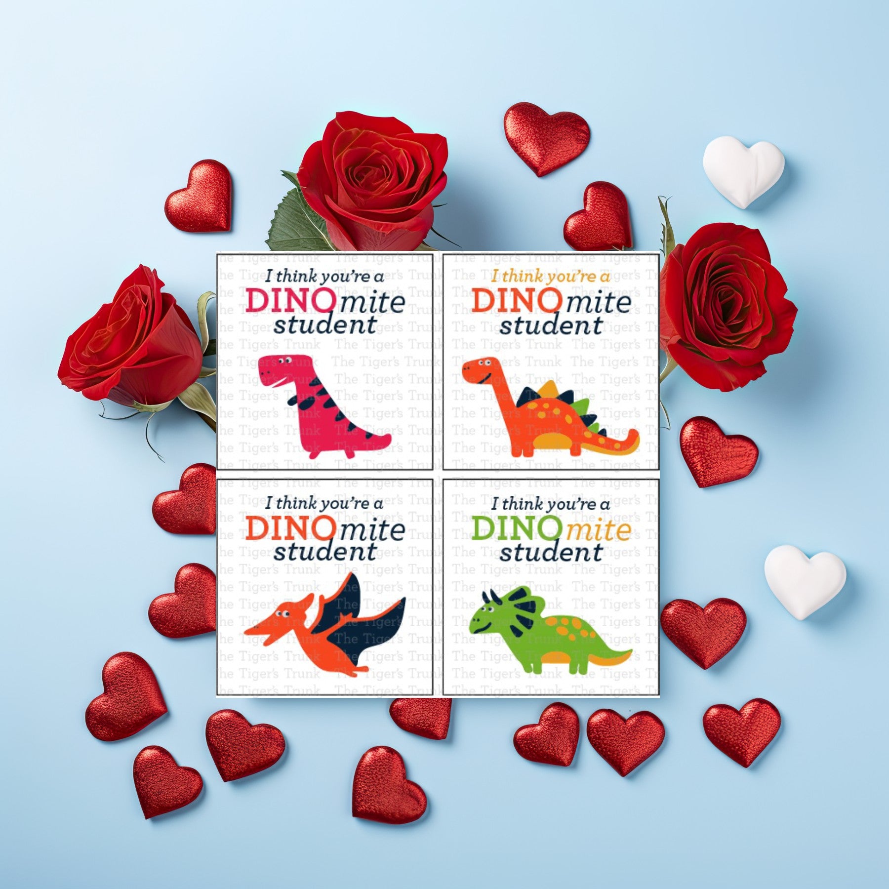 Printable Valentine tags for students with colorful dinosaur designs and the phrase "I Think You’re a DINOmite Student!" Perfect for teachers.