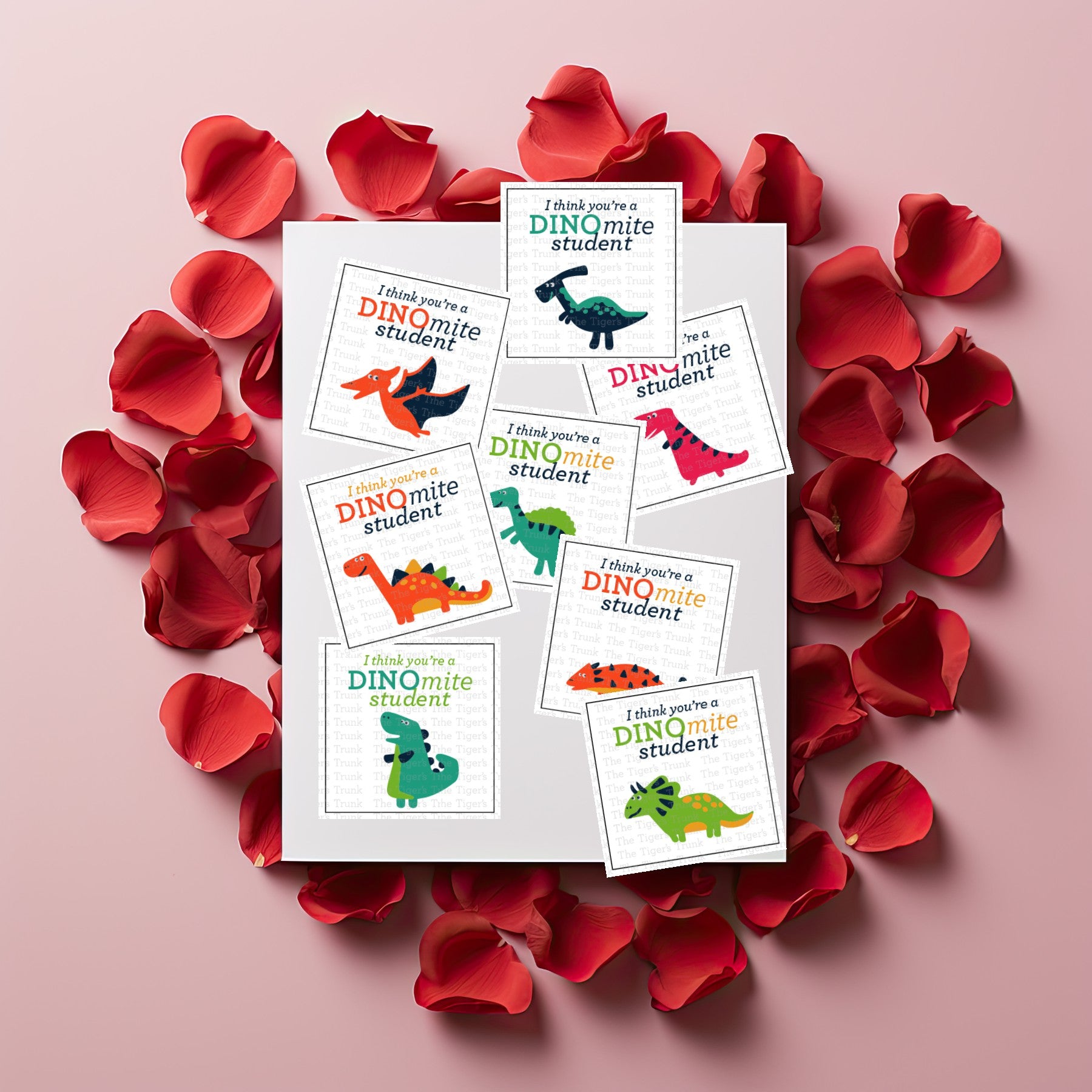 Printable Valentine tags for students with colorful dinosaur designs and the phrase "I Think You’re a DINOmite Student!" Perfect for teachers.