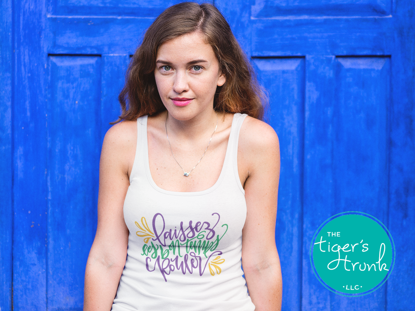 Mardi Gras racerback tank top with Laissez les Bon Temps Rouler design, perfect for parades, parties, and celebrations.