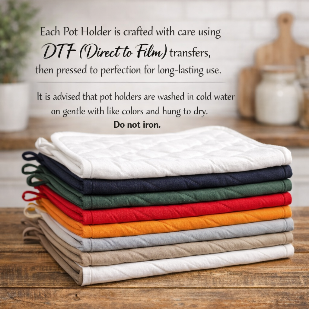 Stack of folded pot holders in various colors on a wooden surface with text about care instructions.