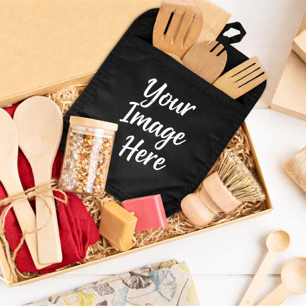 Set of wooden kitchen utensils and a black apron with 'Your Image Here' text in a box.
