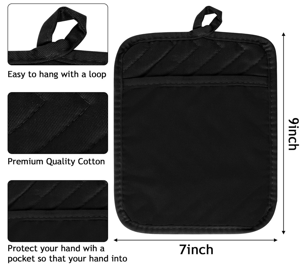 Black pot holder with measurements and features on a white background
