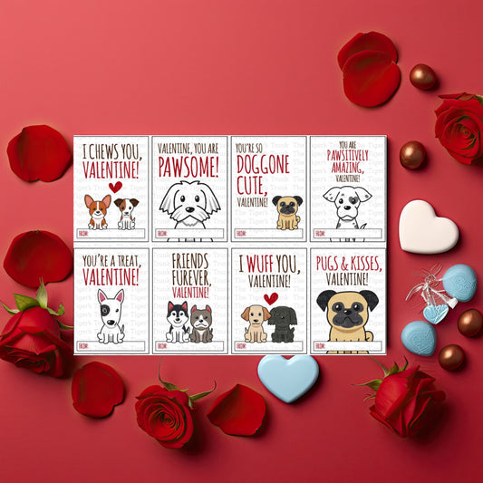 Printable puppy Valentine cards with 8 unique designs, instant download, perfect for classroom or party exchanges.