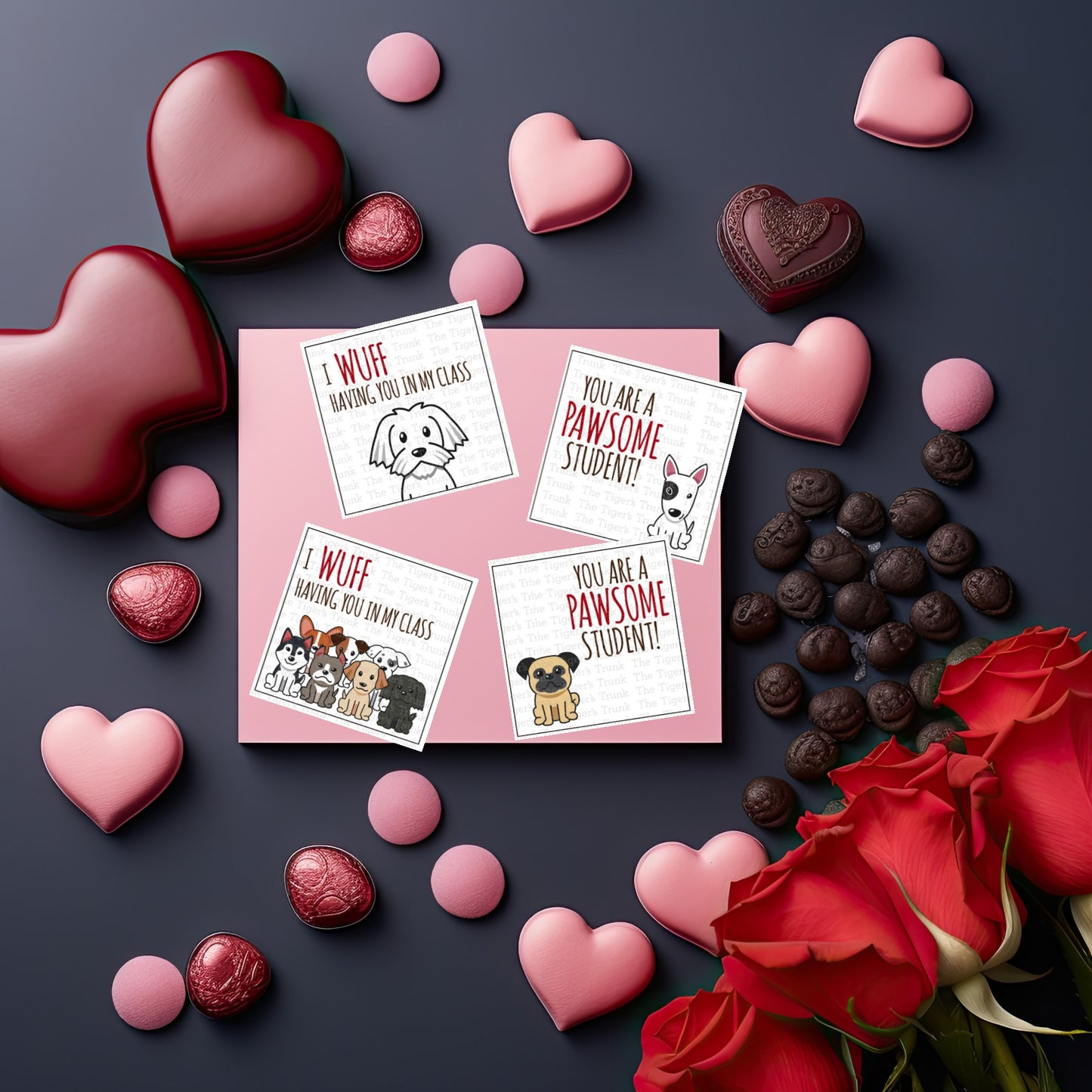 Printable Valentine cards for teachers with "So Doggone Cute" and puppy designs, instant download, set of 4 designs per sheet.