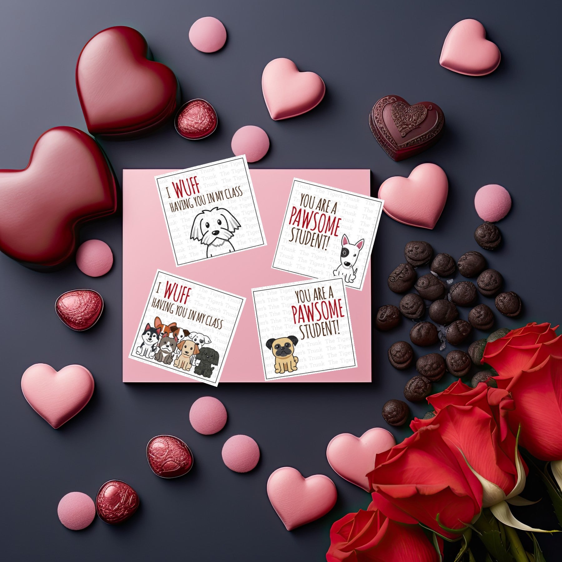 Printable Valentine cards for teachers with "So Doggone Cute" and puppy designs, instant download, set of 4 designs per sheet.