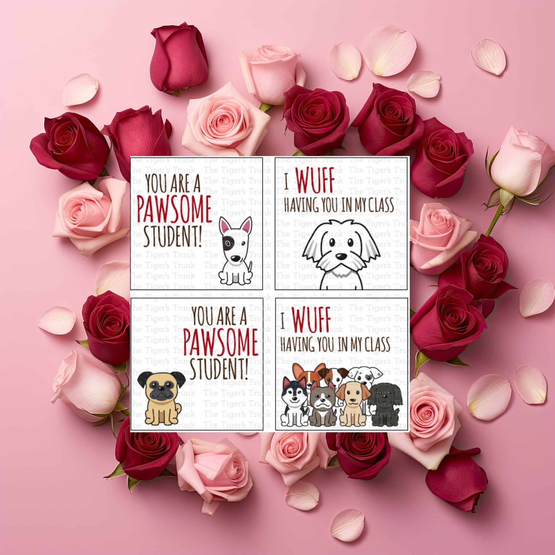 Printable Valentine cards for teachers with "So Doggone Cute" and puppy designs, instant download, set of 4 designs per sheet.