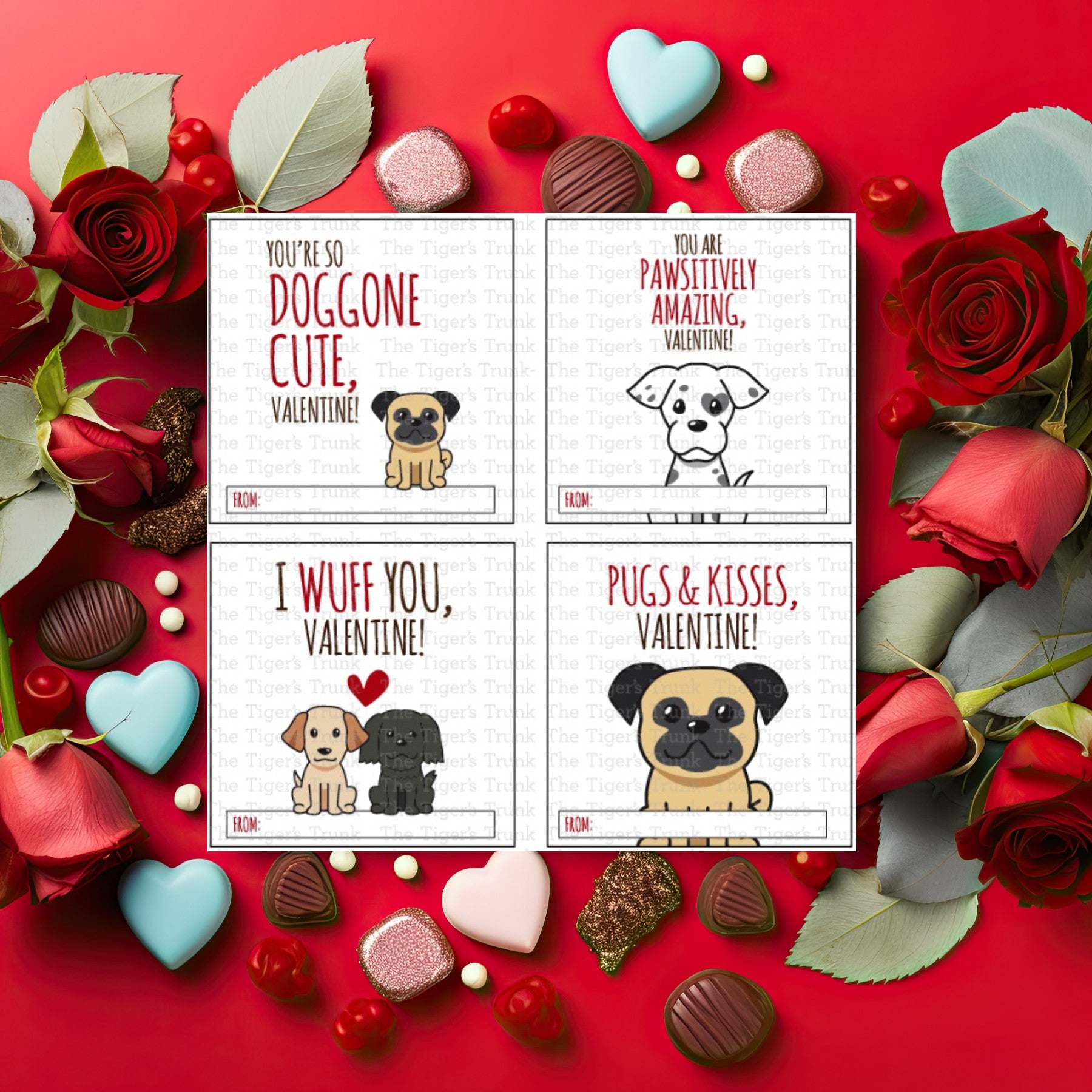 Printable puppy Valentine square tags with 8 unique designs, instant download, perfect for classroom favors or gift tags.