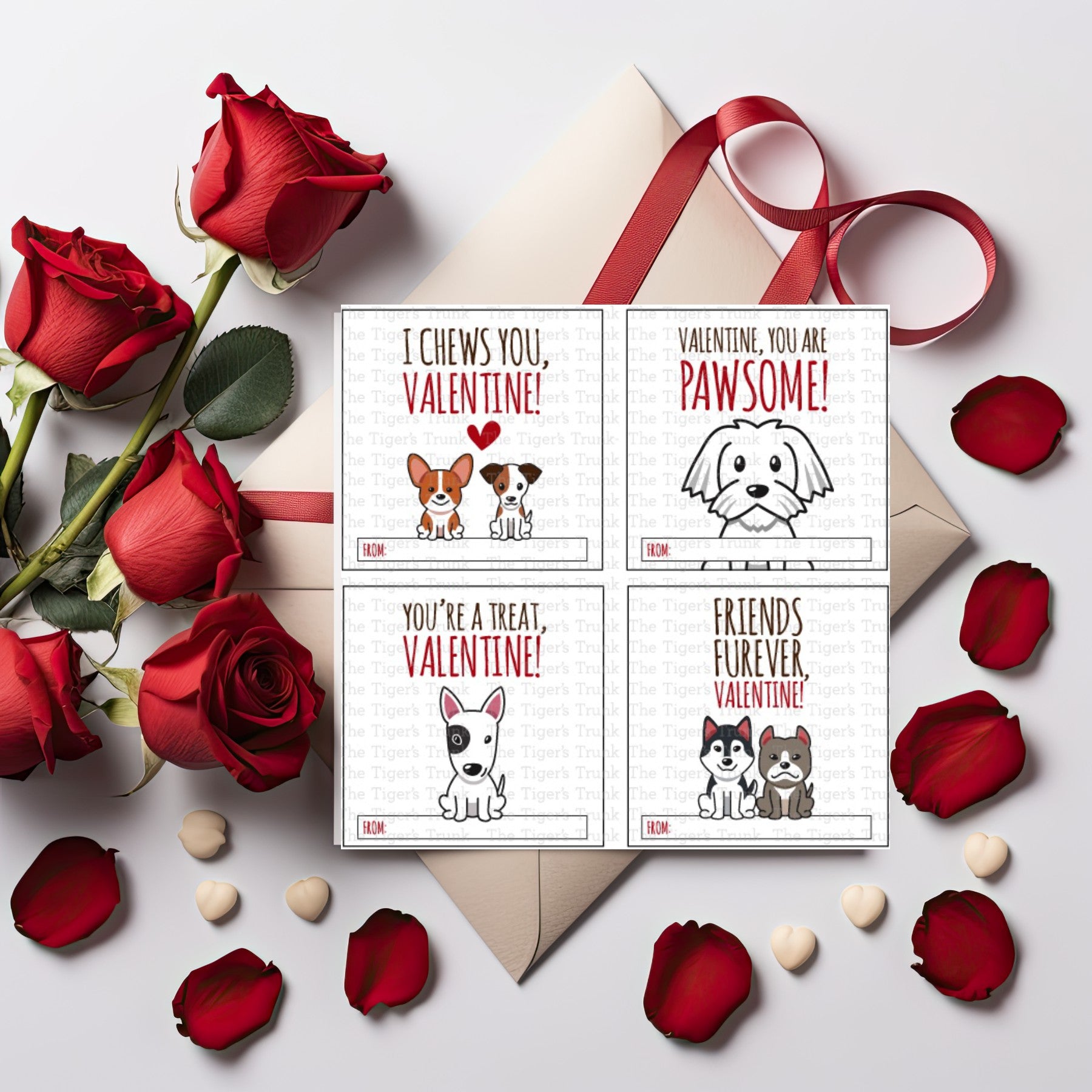 Printable puppy Valentine square tags with 8 unique designs, instant download, perfect for classroom favors or gift tags.