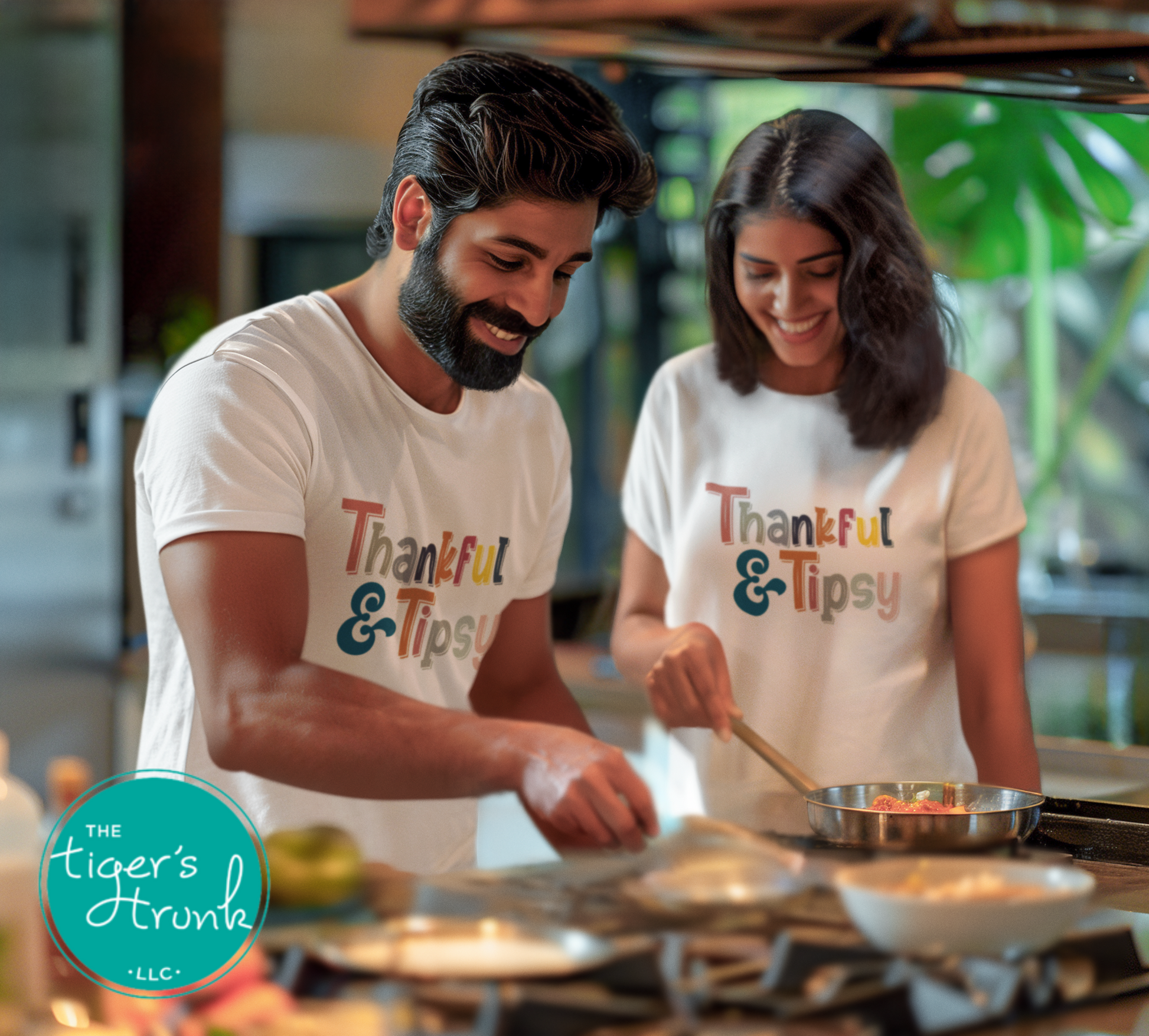 Funny Thanksgiving shirt with colorful “Thankful & Tipsy” text, available in long or short sleeves