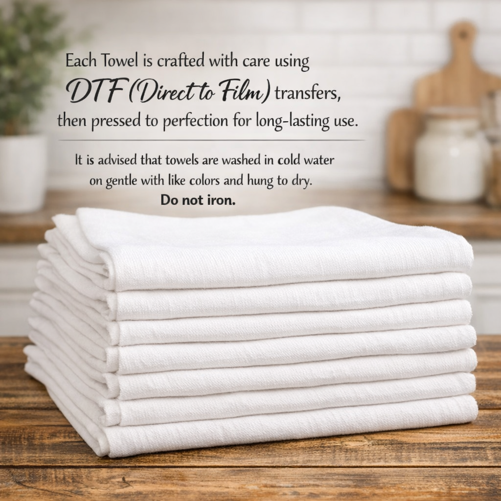 Stack of white towels on a wooden surface with care instructions text overlay.