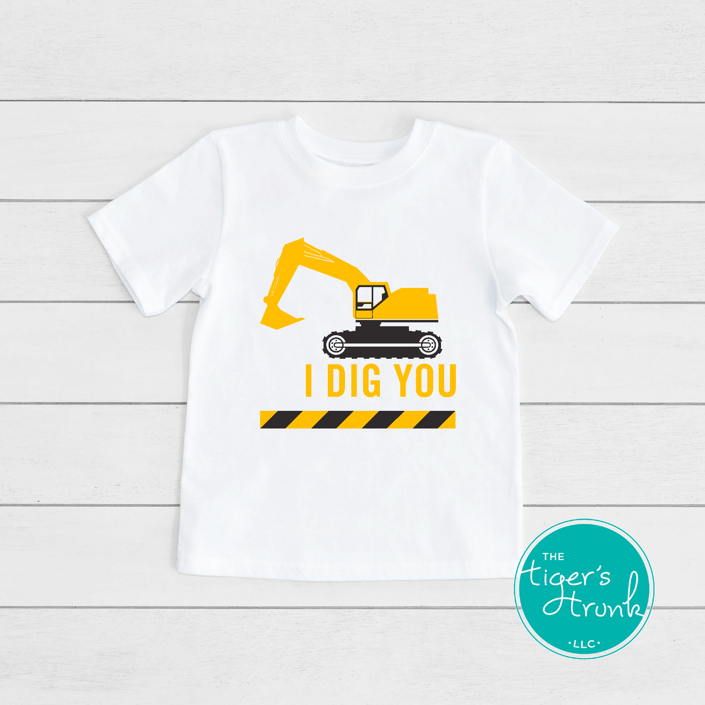 Construction-themed Valentine’s Day shirt with the phrase "I Dig You," featuring cute excavator and heart designs for kids.