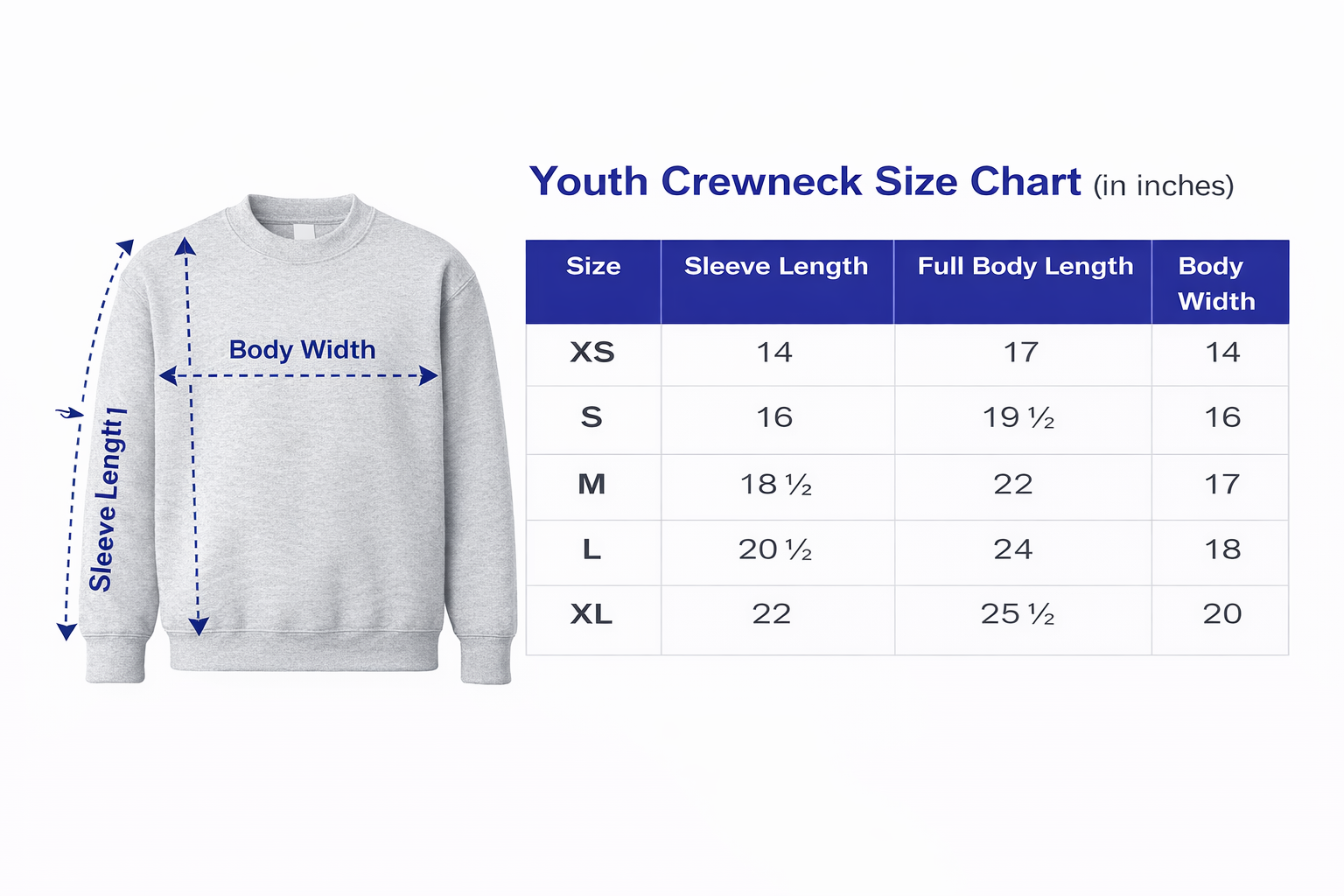 Youth Crewneck Size Chart with a gray sweatshirt illustration on a white background