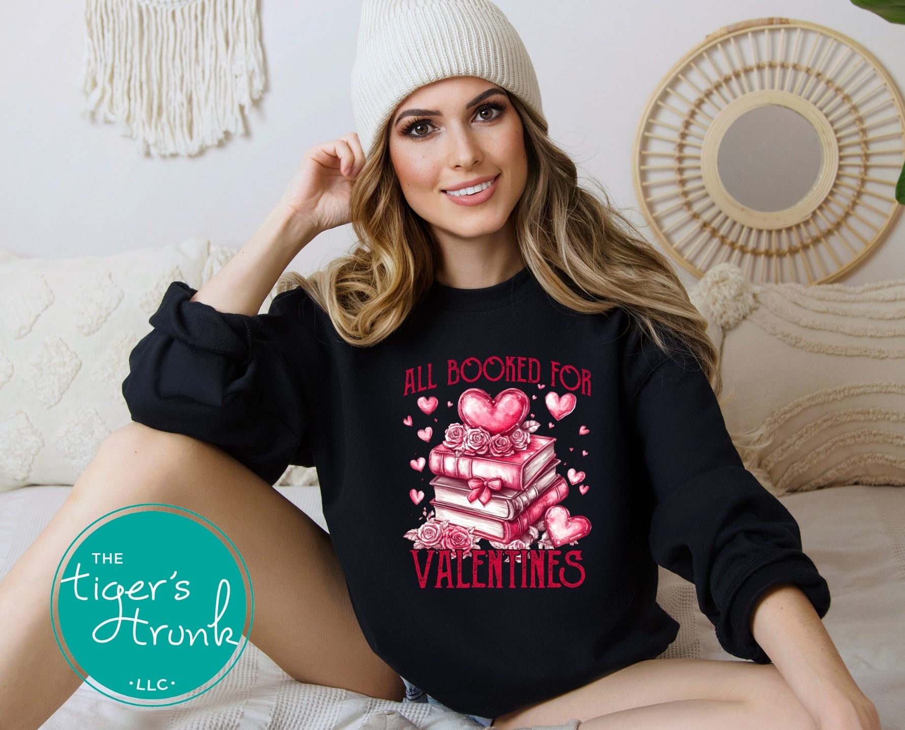 Shirt with stacked books, hearts, and roses, featuring the phrase "All Booked for Valentine’s." Perfect for book lovers.