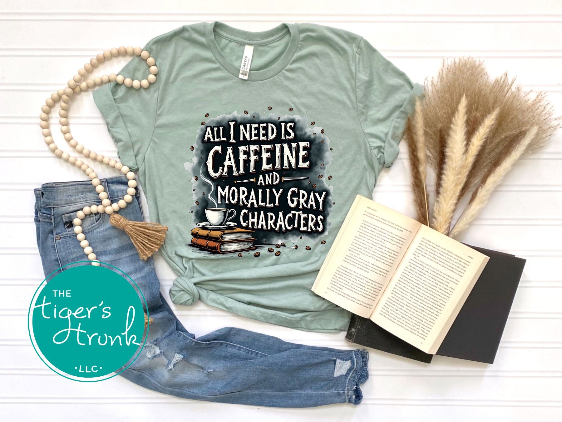 Book lover t-shirt with All I Need is Caffeine and Morally Gray Characters design, perfect for fantasy readers and bookworms