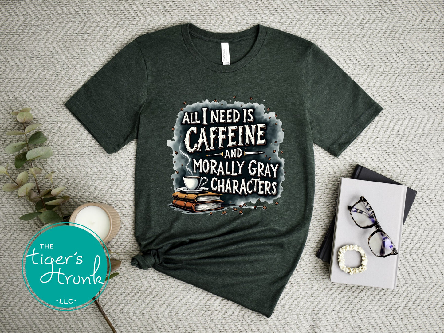 Book lover t-shirt with All I Need is Caffeine and Morally Gray Characters design, perfect for fantasy readers and bookworms