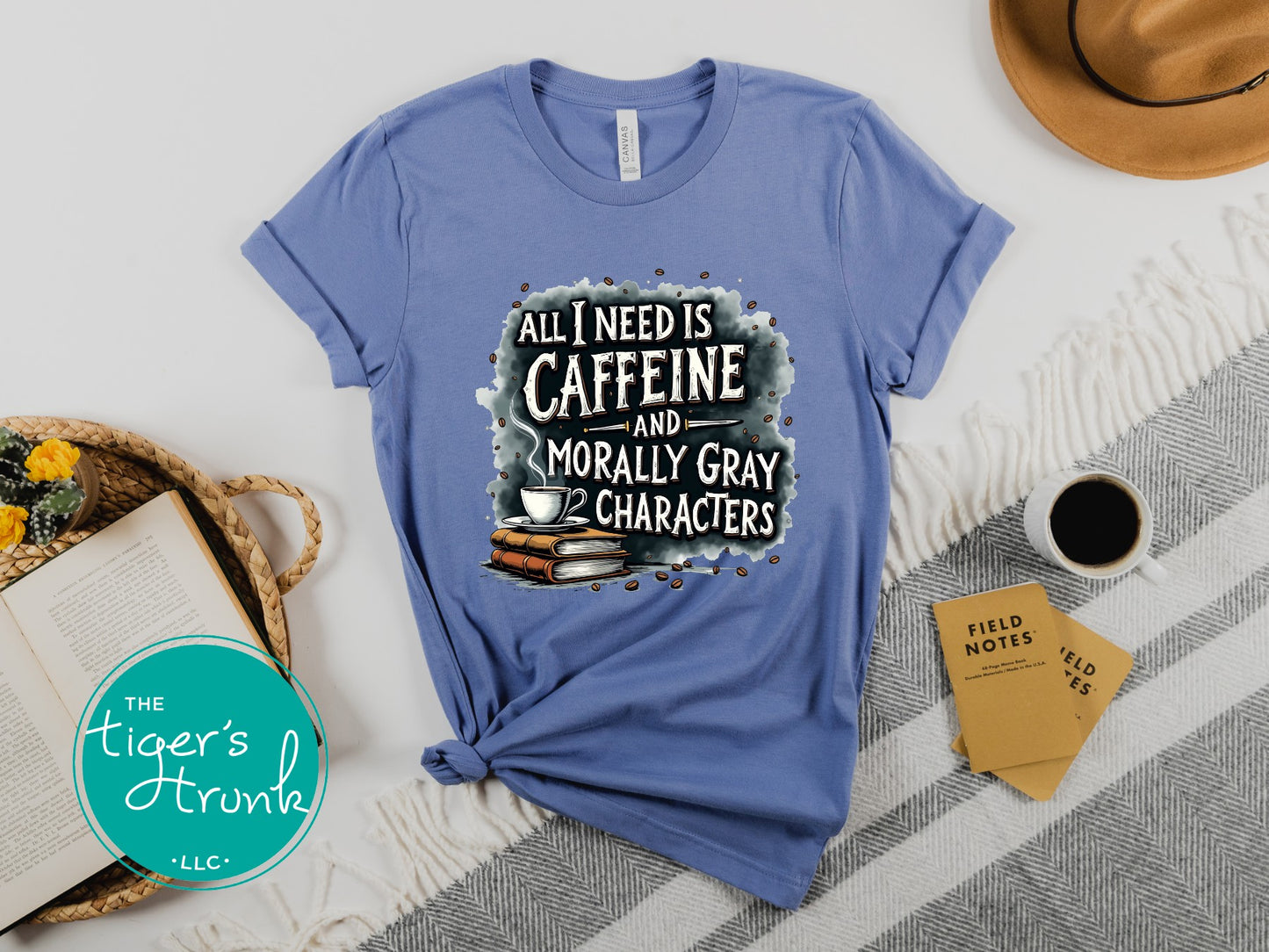 Book lover t-shirt with All I Need is Caffeine and Morally Gray Characters design, perfect for fantasy readers and bookworms