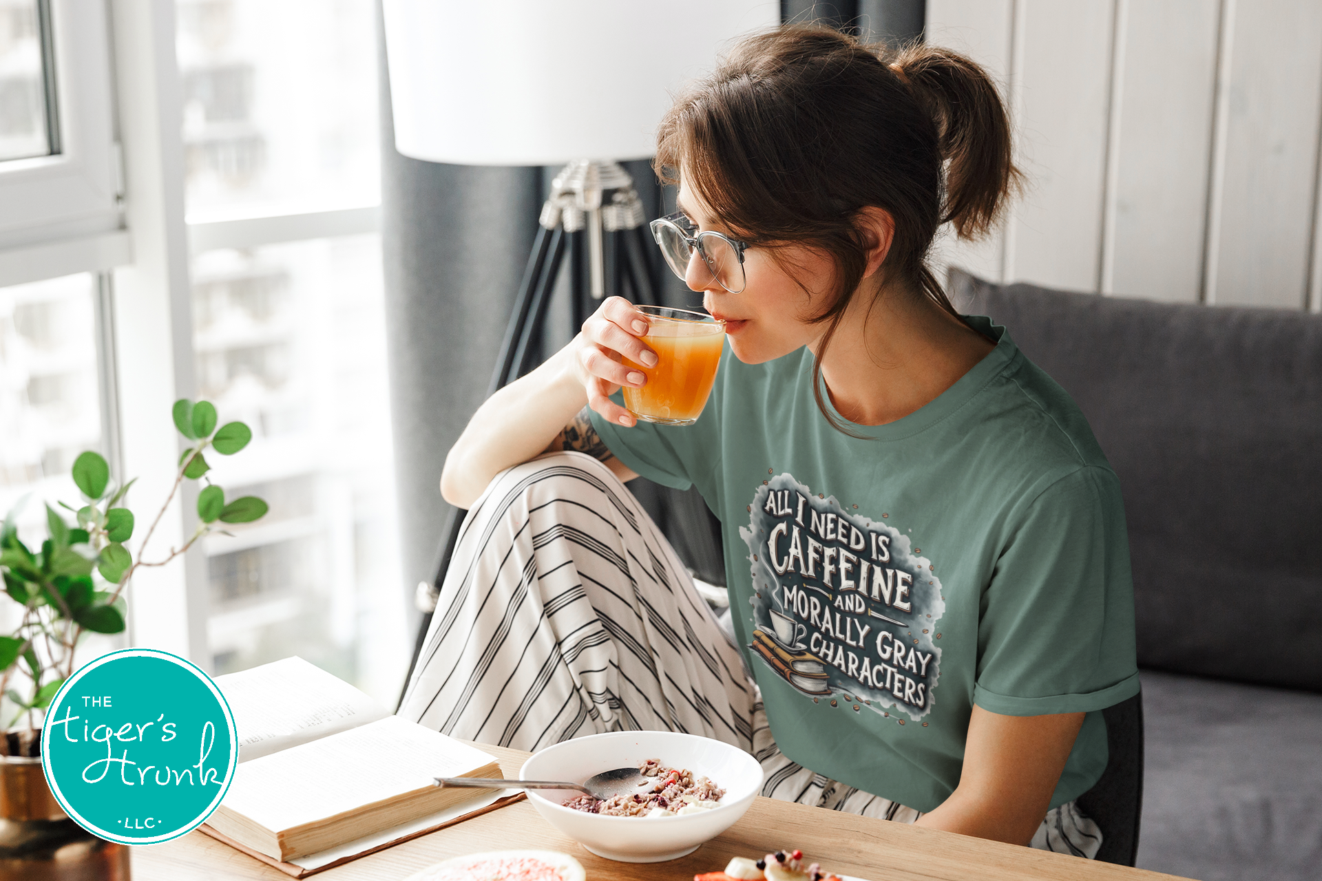 Book lover t-shirt with All I Need is Caffeine and Morally Gray Characters design, perfect for fantasy readers and bookworms