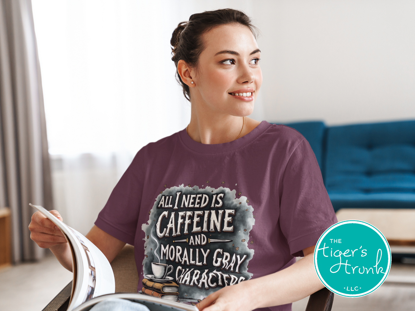 Book lover t-shirt with All I Need is Caffeine and Morally Gray Characters design, perfect for fantasy readers and bookworms