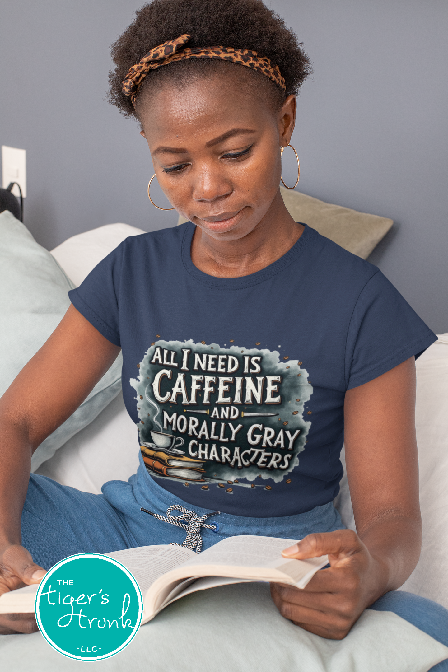 Book lover t-shirt with All I Need is Caffeine and Morally Gray Characters design, perfect for fantasy readers and bookworms