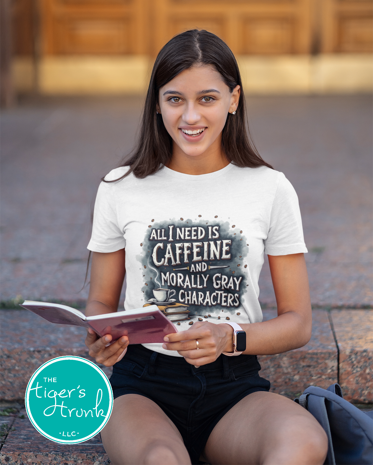 Book lover t-shirt with All I Need is Caffeine and Morally Gray Characters design, perfect for fantasy readers and bookworms