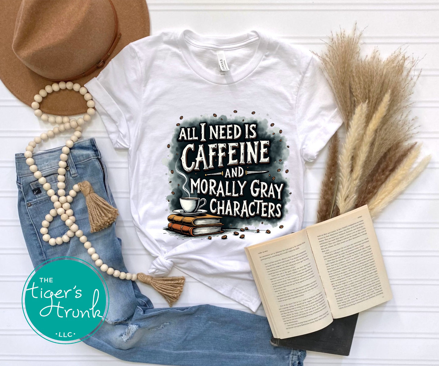 Book lover t-shirt with All I Need is Caffeine and Morally Gray Characters design, perfect for fantasy readers and bookworms