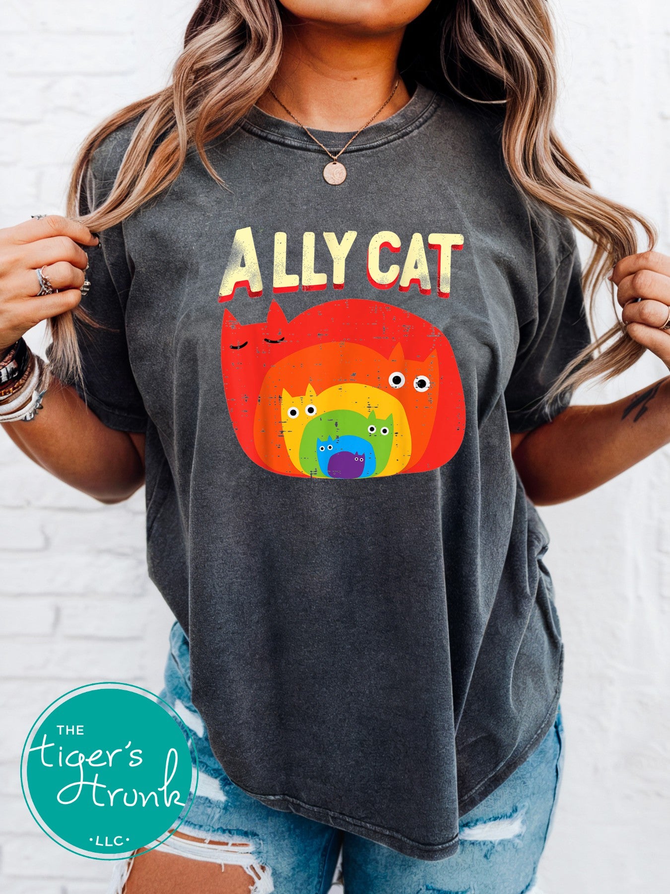 Person wearing a dark gray t-shirt with 'ALLY CAT' and rainbow cat design, brand 'The Tiger's Den' visible.