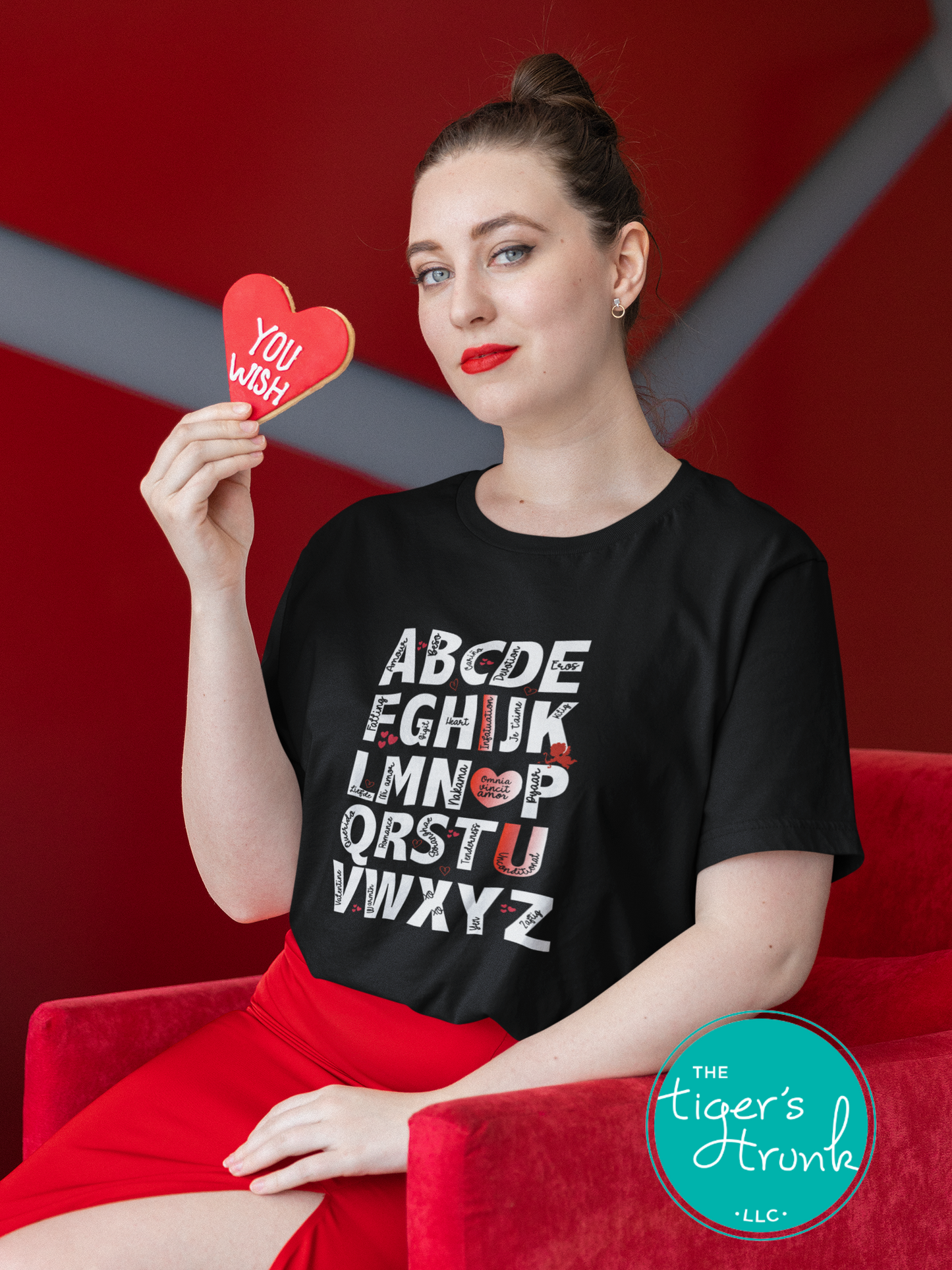 Adorable Valentine's alphabet shirt available in adult and kid sizes. Features a playful A to Z design with love-themed words. Ideal for Valentine's Day parties, matching outfits, and gifts.