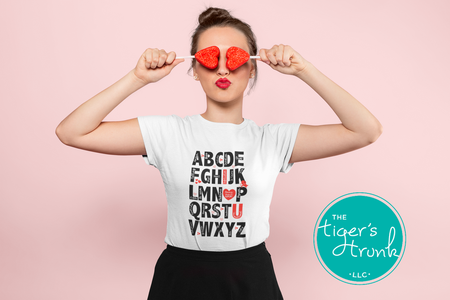 Adorable Valentine's alphabet shirt available in adult and kid sizes. Features a playful A to Z design with love-themed words. Ideal for Valentine's Day parties, matching outfits, and gifts.