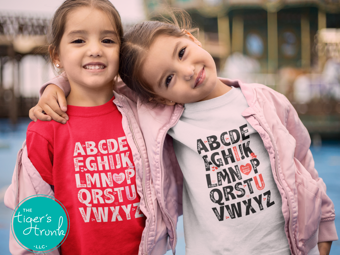 Adorable Valentine's alphabet shirt available in adult and kid sizes. Features a playful A to Z design with love-themed words. Ideal for Valentine's Day parties, matching outfits, and gifts.