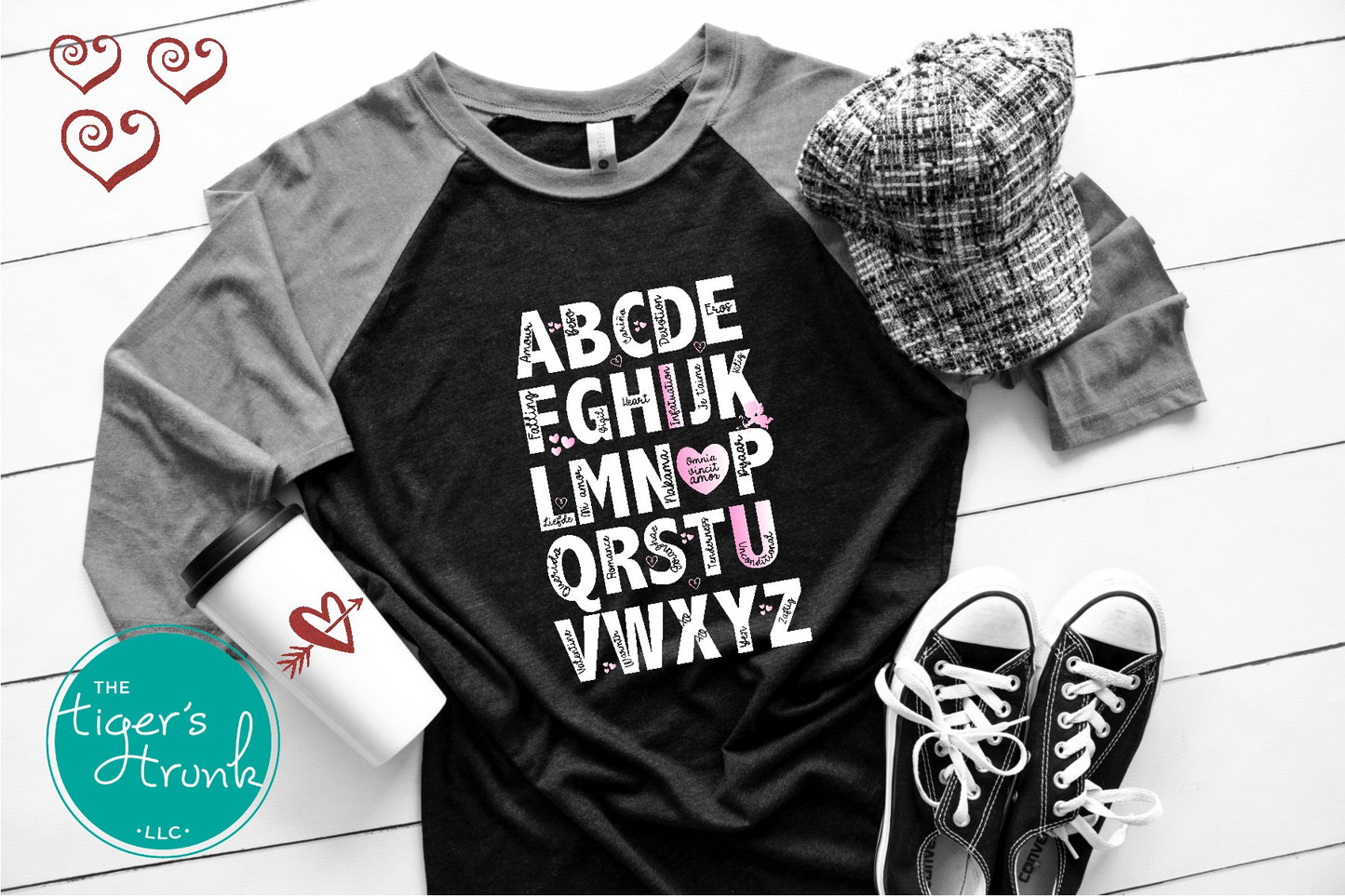 Adorable Valentine's alphabet shirt available in adult and kid sizes. Features a playful A to Z design with love-themed words. Ideal for Valentine's Day parties, matching outfits, and gifts.