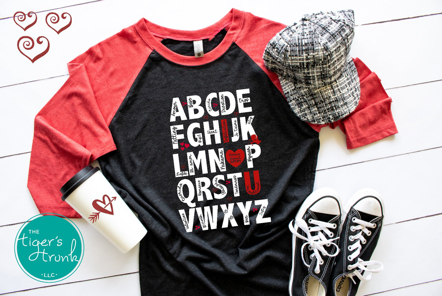 Adorable Valentine's alphabet shirt available in adult and kid sizes. Features a playful A to Z design with love-themed words. Ideal for Valentine's Day parties, matching outfits, and gifts.