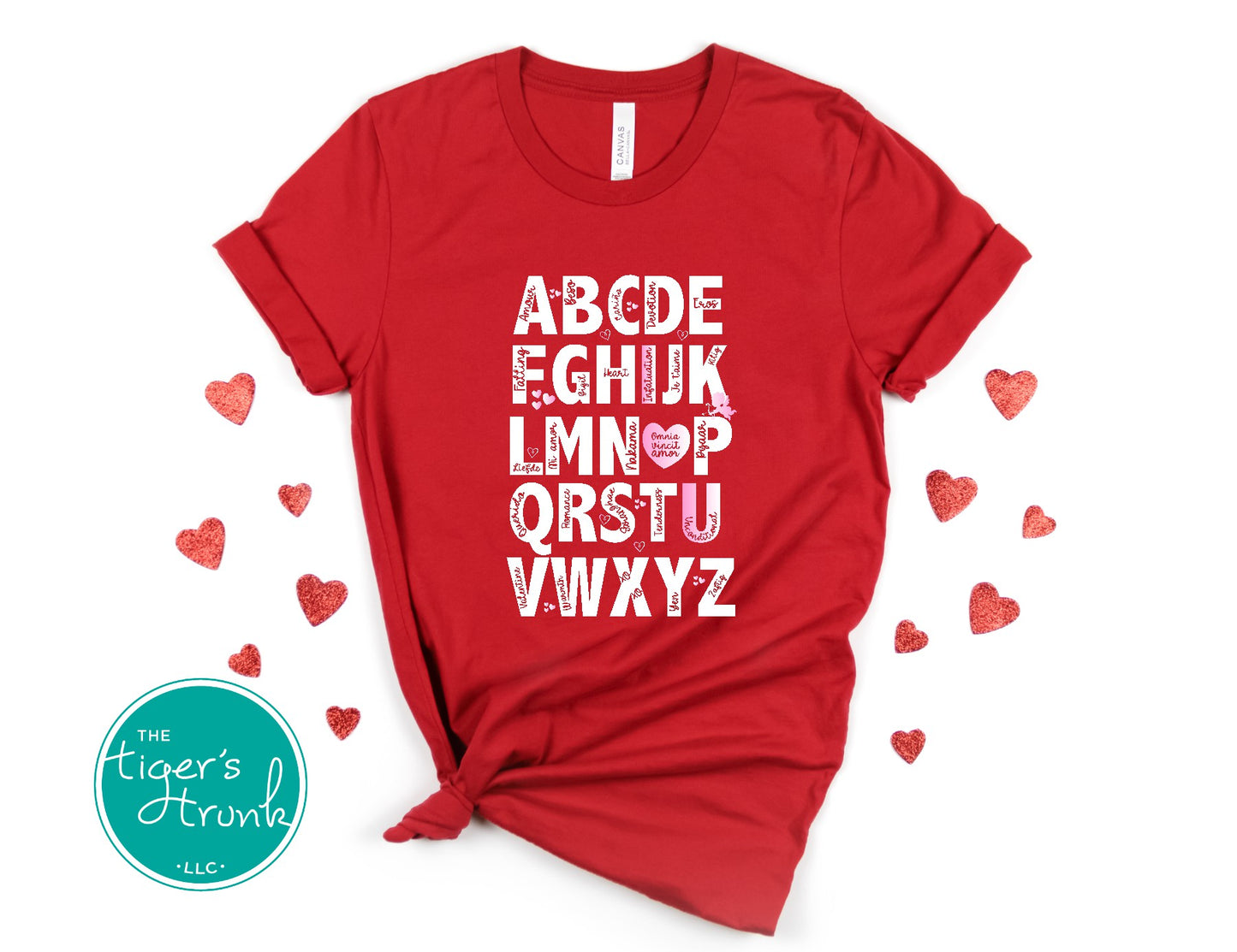 Adorable Valentine's alphabet shirt available in adult and kid sizes. Features a playful A to Z design with love-themed words. Ideal for Valentine's Day parties, matching outfits, and gifts.