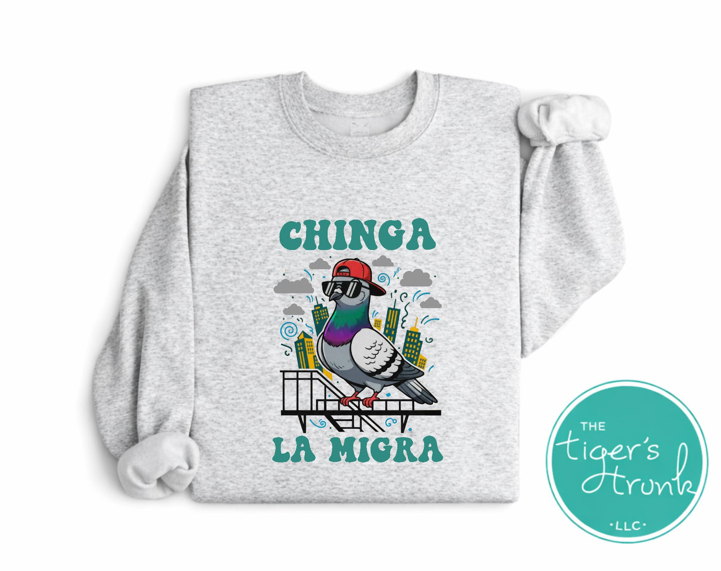Gray sweatshirt with a graphic of a bird and text on a white background, featuring the brand 'The Tiger's Strungle'.