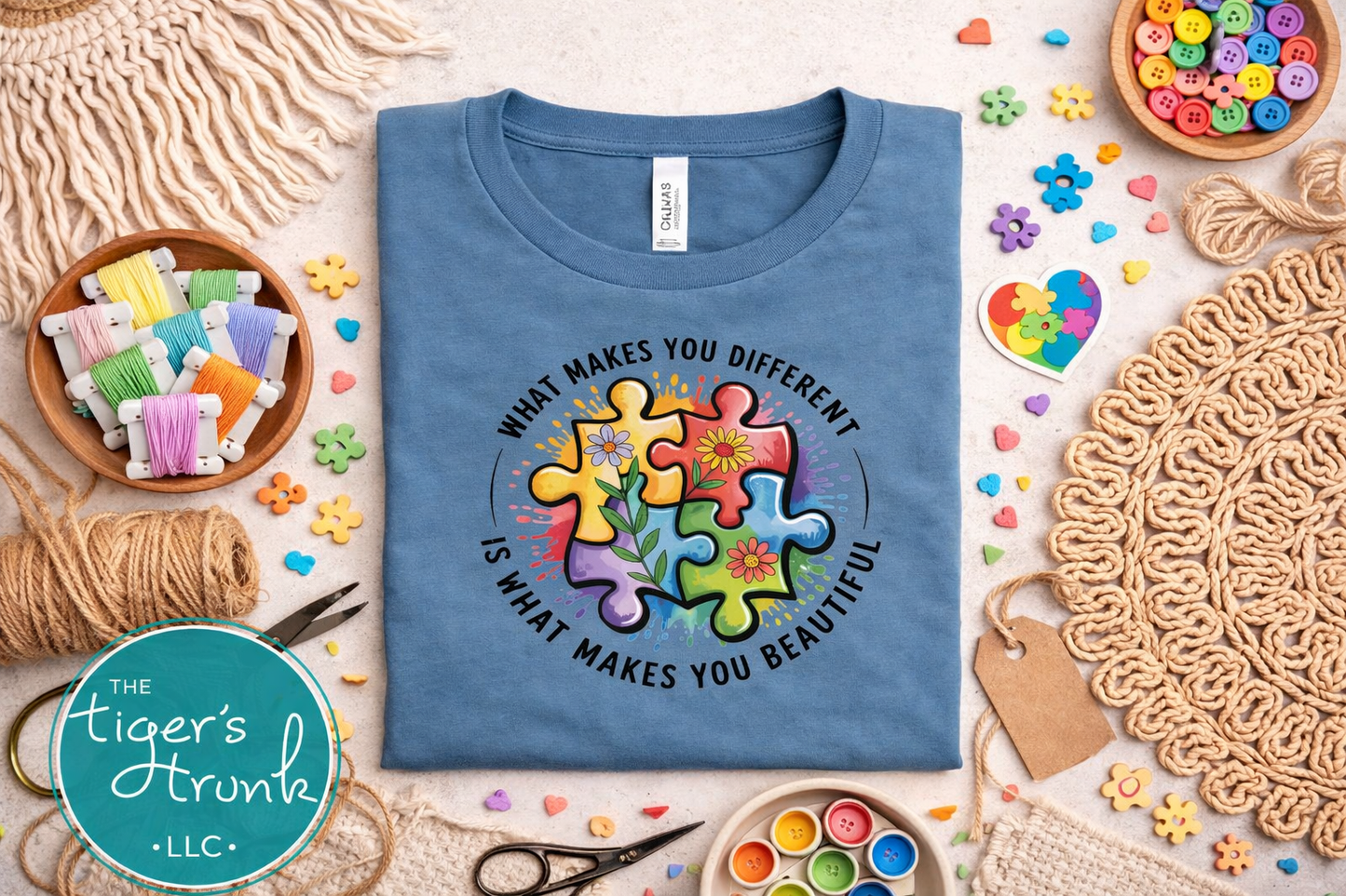 Blue autism awareness shirt with puzzle graphic