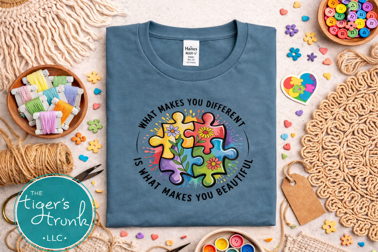 Denim blue autism awareness shirt flatlay