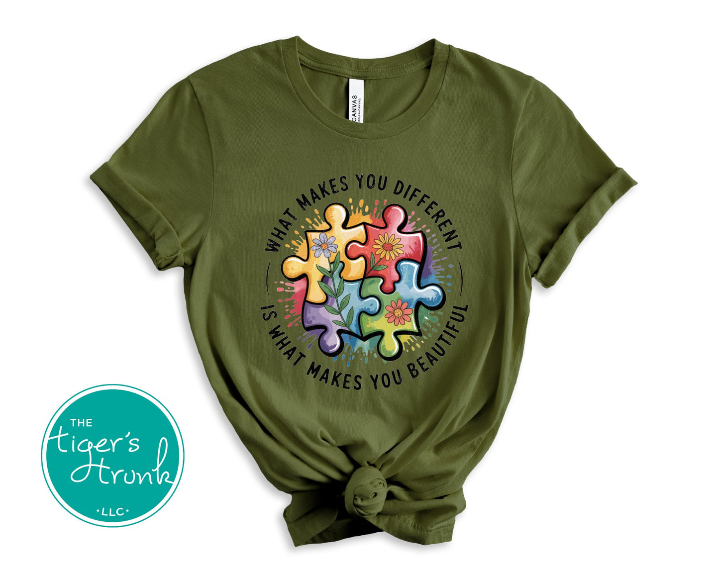 Olive green autism puzzle shirt with message