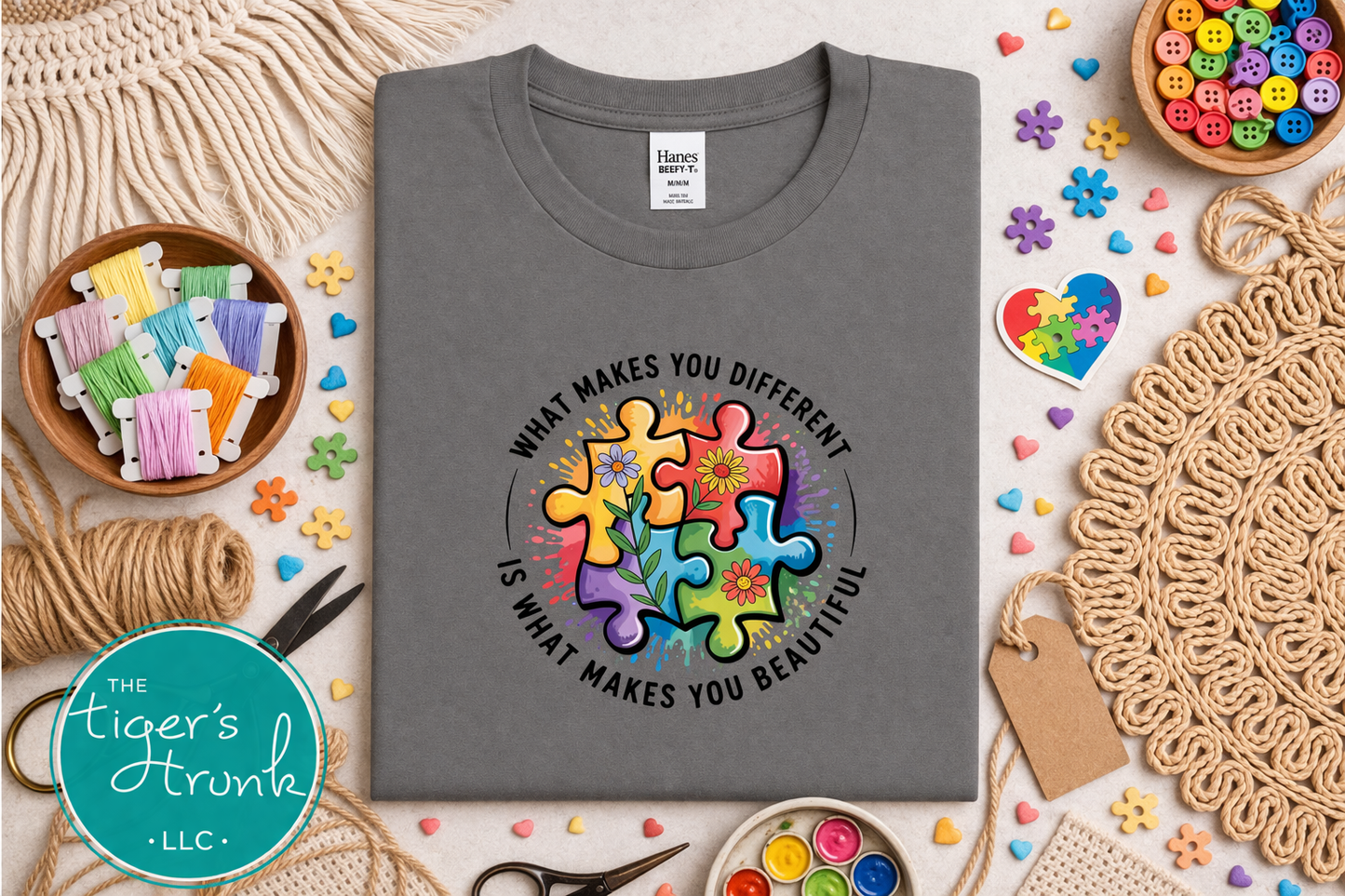 Smoke gray autism shirt with colorful puzzle design