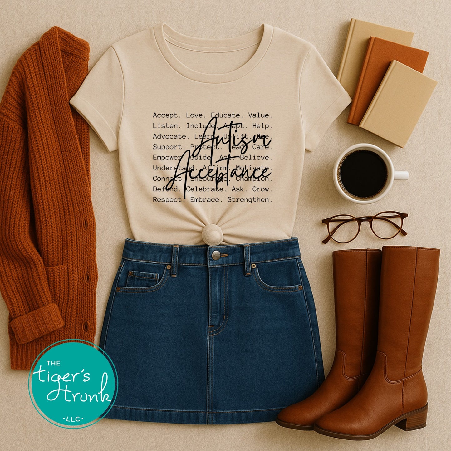 Fashionable outfit with t-shirt, skirt, boots, and coffee cup on a beige background.