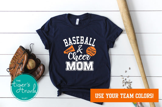 Custom Baseball and Cheer Mom shirt with megaphone and music notes, personalized in school colors and mascot name for spirited sports support