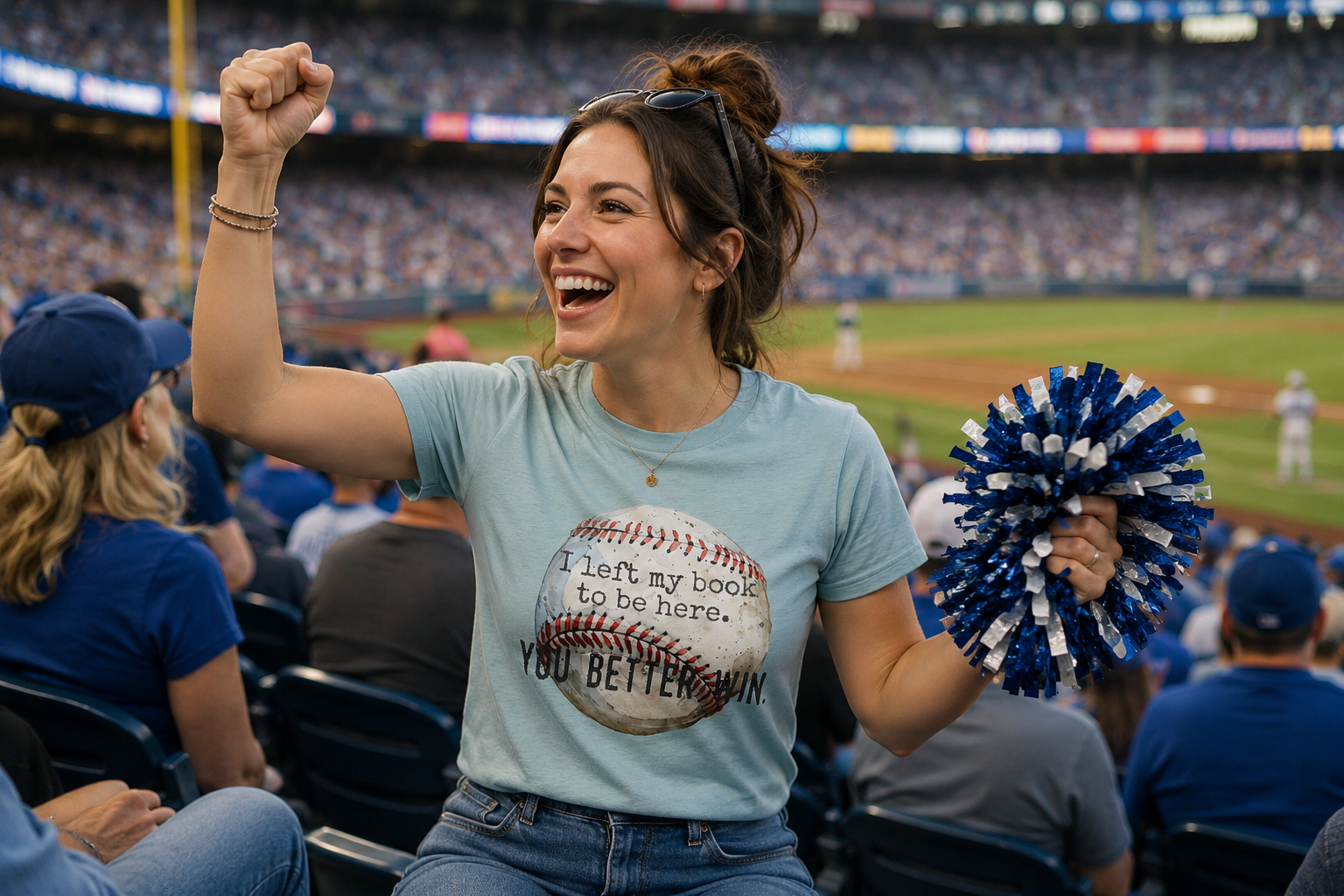Woman cheering at a baseball game with pom-pom and t-shirt