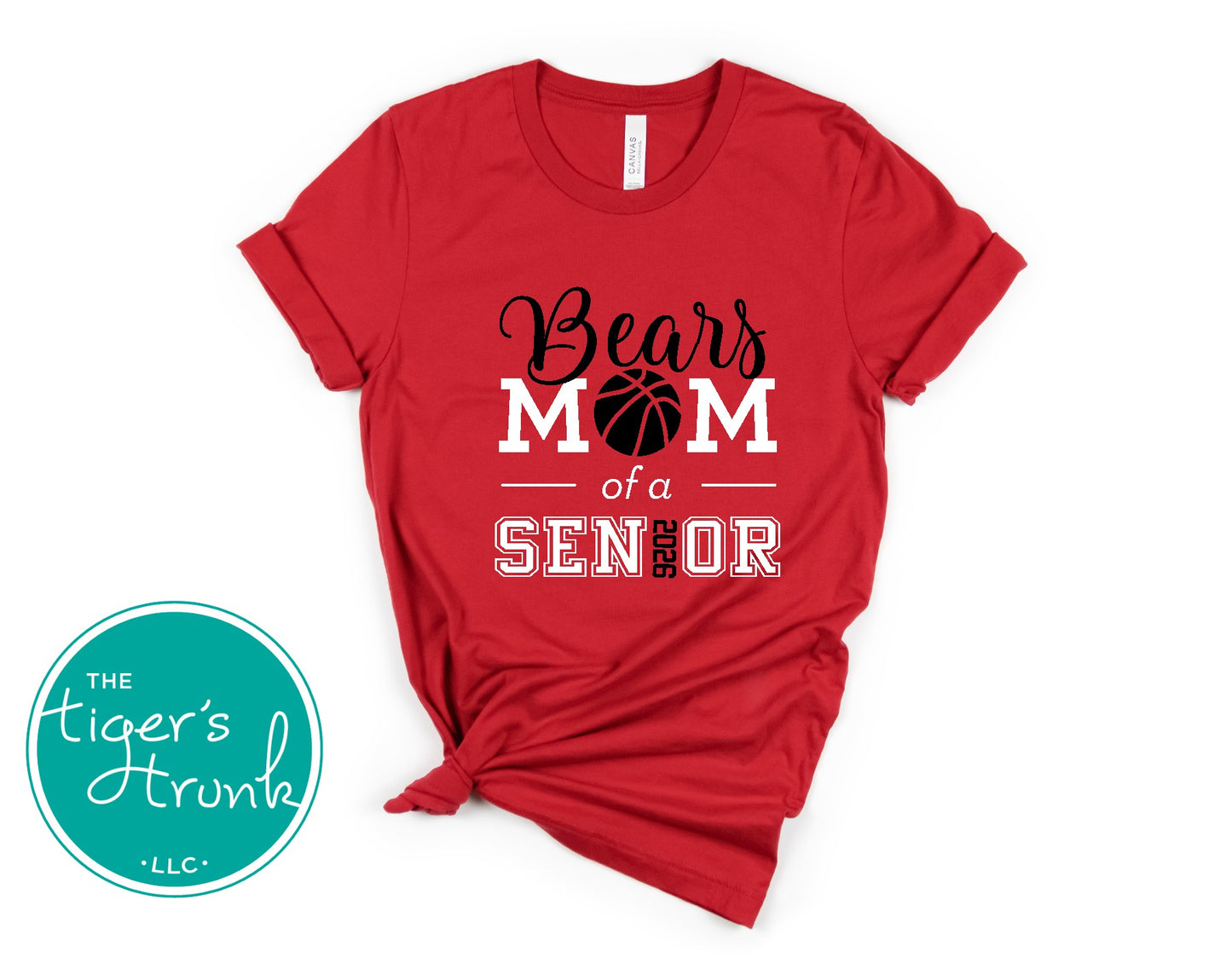 Red t-shirt with 'Bear's Mom of a Senior' text and a basketball graphic, branded with 'The Tiger's Trunk'.