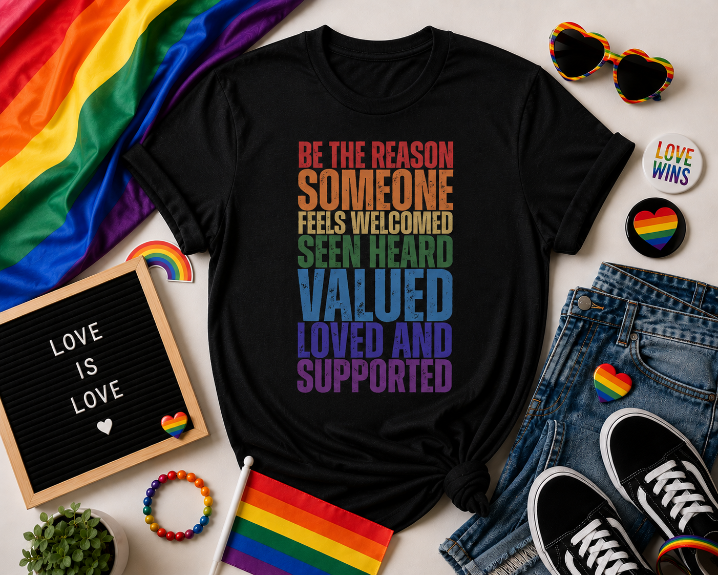 Black t-shirt with motivational quote surrounded by rainbow-themed accessories on a white surface